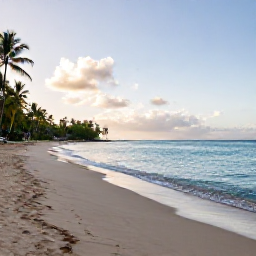 Caribbean Holidays, Saint Lucia October, A wide sandy Caribbean beach in Saint Lucia in October, with calm turquoise water, palm trees and soft morning sunshine