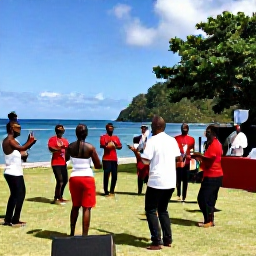 Caribbean Holidays, Saint Lucia October, Visitors enjoying traditional Saint Lucian music and dance at an outdoor cultural celebration beside the coast
