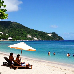Caribbean Holidays, Saint Lucia October, Visitors relaxing on Reduit Beach in Saint Lucia, with sun loungers, clear blue water and green hills in the distance