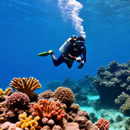 Caribbean Holidays, Saint Lucia Scuba Diving, A scuba diver exploring colourful coral reef and clear turquoise water off Saint Lucia, with volcanic underwater rock formations