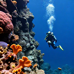 Caribbean Holidays, Saint Lucia Scuba Diving, Divers swimming beside the steep underwater volcanic wall at Soufriere, Saint Lucia, surrounded by coral, sponges and tropical fish