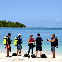 Caribbean Holidays, Saint Lucia Scuba Diving, Friendly scuba diving instructor preparing equipment with visitors on a tropical Saint Lucia beach beside calm turquoise water