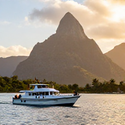 Caribbean Holidays, Saint Lucia Scuba Diving, Small dive boat travelling along the Saint Lucia coastline at golden morning light, with the Pitons rising in the background