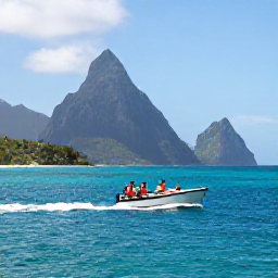 Caribbean Holidays, Saint Lucia September, A family enjoying a gentle boat trip along the Saint Lucia coast with the Pitons visible in the distance