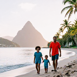 Caribbean Holidays, Saint Lucia September, A happy family walking along a calm Caribbean beach in Saint Lucia during September, with palm trees and soft morning light