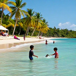 Caribbean Holidays, Saint Lucia September, Children playing safely in shallow turquoise water on a sandy Saint Lucian beach, with parents relaxing nearby under palm trees