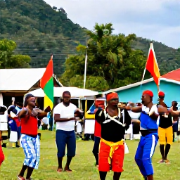 Caribbean Holidays, Saint Lucia September, Colourful Saint Lucian cultural celebration with local music, dancers and island flags in a village setting