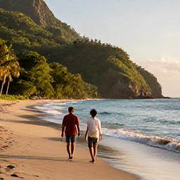 Caribbean Holidays, Saint Lucia September, Couple walking along a quiet Saint Lucia beach in September, with gentle waves, lush green hills and warm tropical light