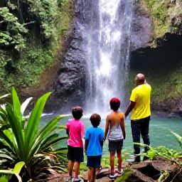 Caribbean Holidays, Saint Lucia September, Family exploring the green rainforest of Saint Lucia near a waterfall, with a guide pointing out tropical plants