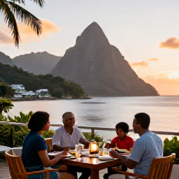 Caribbean Holidays, Saint Lucia September, Family sharing a relaxed Caribbean dinner at an outdoor restaurant in Saint Lucia at sunset