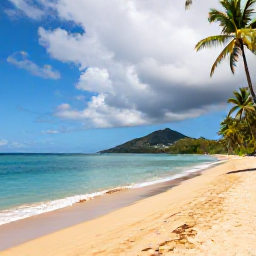 Caribbean Holidays, Saint Lucia September, Quiet golden beach in Saint Lucia with clear turquoise water and palm trees under a partly cloudy sky