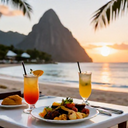 Caribbean Holidays, Saint Lucia September, Relaxed beachfront restaurant in Saint Lucia at sunset, with local food, colourful drinks and views across the Caribbean Sea
