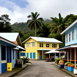 Caribbean Holidays, Saint Lucia September, Relaxed Saint Lucia village scene with local market produce, colourful houses and friendly island atmosphere