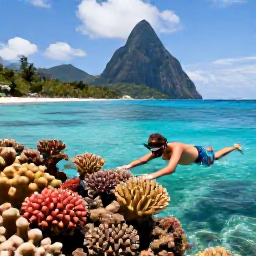 Caribbean Holidays, Saint Lucia September, Snorkeller exploring colourful coral and tropical fish in clear water off the coast of Saint Lucia