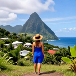 Caribbean Holidays, Saint Lucia September, Traveller enjoying a peaceful Saint Lucian cultural tour near a lush village and Caribbean coastline