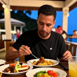 Caribbean Holidays, Saint Lucia Solo, A friendly Saint Lucian restaurant with a solo diner enjoying local food, colourful dishes, warm evening lighting and relaxed island atmosphere
