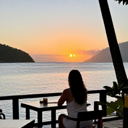 Caribbean Holidays, Saint Lucia Solo, A peaceful Saint Lucia sunset viewed by a solo traveller from a seaside restaurant, with soft light over the Caribbean Sea