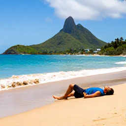 Caribbean Holidays, Saint Lucia Solo, A solo traveller relaxing on a quiet golden beach in Saint Lucia, with turquoise sea and green volcanic hills in the distance