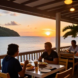 Caribbean Holidays, Saint Lucia Solo Holidays, A friendly open-air restaurant in Saint Lucia at sunset, with a solo diner enjoying Creole food and a relaxed local atmosphere