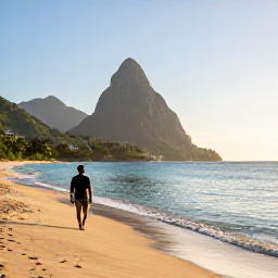 Caribbean Holidays, Saint Lucia Solo Holidays, A lone traveller walking along a quiet golden beach in Saint Lucia at sunrise, with calm turquoise water and green hills in the distance