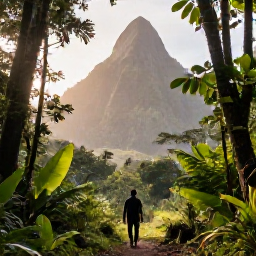 Caribbean Holidays, Saint Lucia Solo Holidays, A lone visitor walking through a lush Saint Lucia rainforest towards a view of the Pitons, with tropical foliage and soft morning light