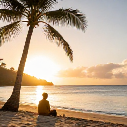 Caribbean Holidays, Saint Lucia Solo Holidays, A peaceful Saint Lucia beach at sunrise in January, with a solo traveller sitting near palm trees and looking across the Caribbean Sea