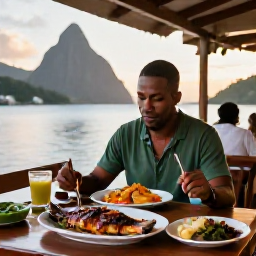 Caribbean Holidays, Saint Lucia Solo Holidays, A solo traveller dining at an open-air restaurant in Saint Lucia at sunset, enjoying fresh grilled fish, local dishes and a relaxed Caribbean atmosphere