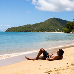Caribbean Holidays, Saint Lucia Solo Holidays, A solo traveller relaxing on a quiet golden beach in Saint Lucia in January, with calm turquoise water and green hills in the distance