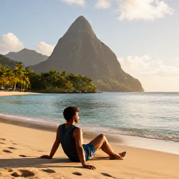 Caribbean Holidays, Saint Lucia Solo Holidays, A solo traveller relaxing on a quiet golden beach in Saint Lucia in October, with calm turquoise water, palm trees and soft morning sunlight