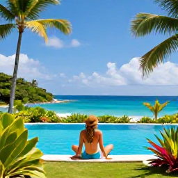 Caribbean Holidays, Saint Lucia Solo Holidays, Comfortable Saint Lucia resort with a solo traveller relaxing by a pool, tropical gardens and the Caribbean Sea beyond