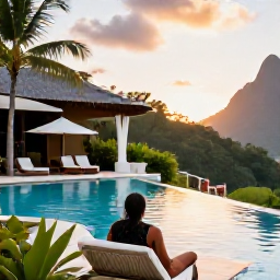 Caribbean Holidays, Saint Lucia Solo Holidays, Comfortable solo traveller relaxing beside a Saint Lucia hotel pool after a day of exploring, with tropical gardens and a warm evening sky