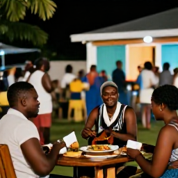 Caribbean Holidays, Saint Lucia Solo Holidays, Friendly Saint Lucian evening gathering with a solo traveller enjoying local food, music and conversation in a lively village setting