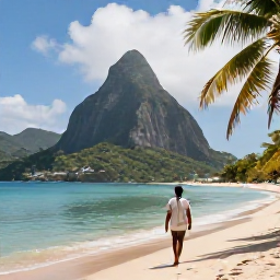 Caribbean Holidays, Saint Lucia Solo Holidays, Golden Caribbean beach in Saint Lucia with a solo traveller walking beside calm turquoise water and palm trees