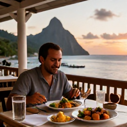 Caribbean Holidays, Saint Lucia Solo Holidays, Solo diner enjoying fresh Saint Lucian food at a relaxed open-air restaurant overlooking Rodney Bay at sunset