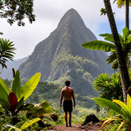 Caribbean Holidays, Saint Lucia Solo Holidays, Solo traveller hiking through lush rainforest towards the Pitons in Saint Lucia, with tropical plants and dramatic volcanic peaks