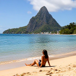Caribbean Holidays, Saint Lucia Solo Holidays, Solo traveller relaxing on a golden beach in Saint Lucia, with calm turquoise sea and green hills in the distance