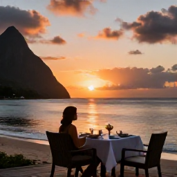 Caribbean Holidays, Saint Lucia Solo, Peaceful Saint Lucia sunset viewed from a beachfront restaurant, solo diner at a table, glowing sky over the Caribbean Sea