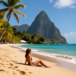 Caribbean Holidays, Saint Lucia Solo, Solo traveller relaxing on a quiet golden beach in Saint Lucia in February, turquoise sea, palm trees and warm Caribbean sunlight