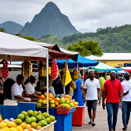 Caribbean Holidays, Saint Lucia Spa Breaks, A colourful Saint Lucia market with fresh tropical fruit, local crafts and friendly people, with green hills in the background