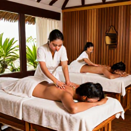 Caribbean Holidays, Saint Lucia Spa Breaks, A couple enjoying a couples massage in an elegant Saint Lucian spa, with natural wood, soft towels and tropical plants