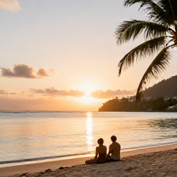 Caribbean Holidays, Saint Lucia Spa Breaks, A couple enjoying a quiet beach in Saint Lucia at sunset, with calm turquoise water, soft sand and palm trees