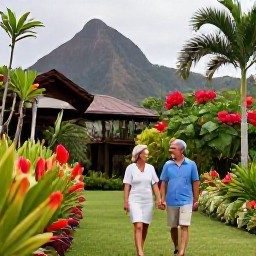 Caribbean Holidays, Saint Lucia Spa Breaks, A couple enjoying a relaxed walk through a lush Saint Lucia botanical garden, with tropical flowers, palms and volcanic hills in the background