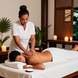 Caribbean Holidays, Saint Lucia Spa Breaks, A couple enjoying a relaxing aromatherapy massage at a stylish Saint Lucia resort spa, with natural wood, candles and tropical plants