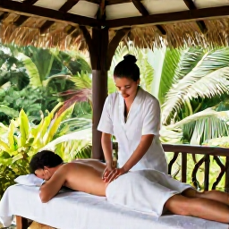 Caribbean Holidays, Saint Lucia Spa Breaks, A couple receiving a relaxing massage in a bright open-air spa pavilion surrounded by lush Saint Lucian greenery