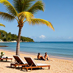 Caribbean Holidays, Saint Lucia Spa Breaks, A golden sandy beach in Saint Lucia with calm turquoise water, palm trees, sun loungers and a couple relaxing beside the sea