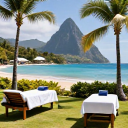 Caribbean Holidays, Saint Lucia Spa Breaks, A peaceful luxury spa overlooking a turquoise Caribbean bay in Saint Lucia, with palm trees and treatment beds