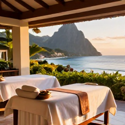 Caribbean Holidays, Saint Lucia Spa Breaks, A peaceful luxury spa overlooking the Caribbean Sea in Saint Lucia, with tropical greenery, treatment beds and warm morning light
