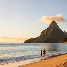 Caribbean Holidays, Saint Lucia Spa Breaks, A peaceful Saint Lucia beach at sunset in December, with calm turquoise water, golden sand and a couple walking beside the sea