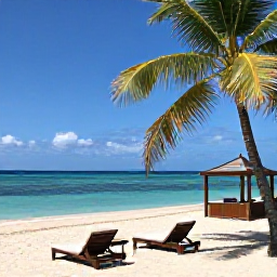 Caribbean Holidays, Saint Lucia Spa Breaks, A peaceful Saint Lucia beach with sun loungers, turquoise water, soft sand and a small spa cabana beneath palm trees
