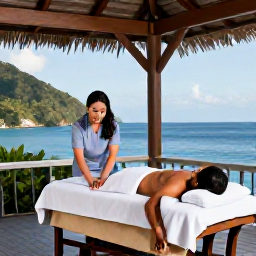 Caribbean Holidays, Saint Lucia Spa Breaks, A professional spa therapist giving a relaxing massage in an open-air treatment pavilion overlooking the Caribbean Sea